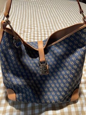 Dooney & Bourke Navy and Tan Signature DB Hobo Shoulder Bag
